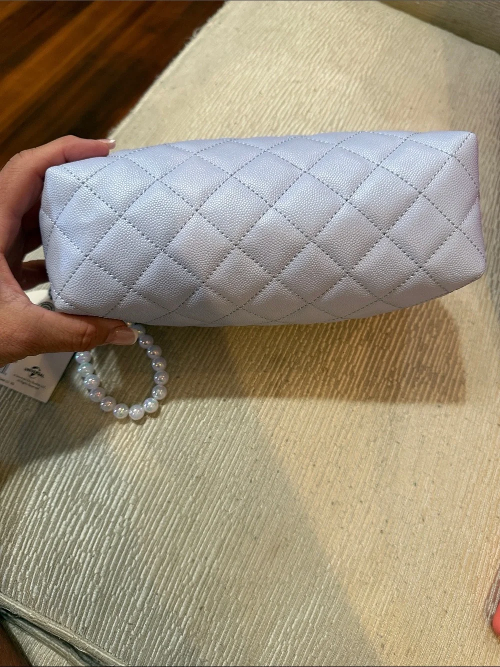 Pearl-Handle Quilted Cosmetic Pouch in Light Lavender